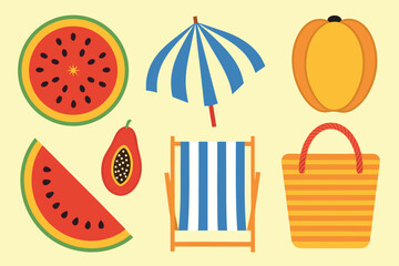 Fototapeta premium Assortment of Summer Fruits and Beach Items on Light Yellow Background watermelon slice papaya