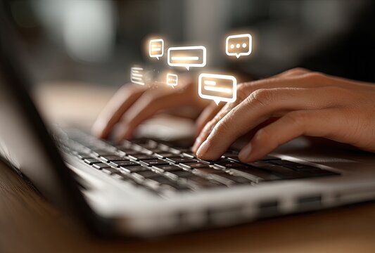 Hands typing on a laptop with glowing chat bubbles