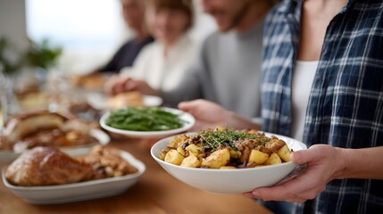 Friends passing dishes around a table filled with homemade food