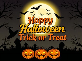 Spooky halloween night with pumpkins bats and a full moon