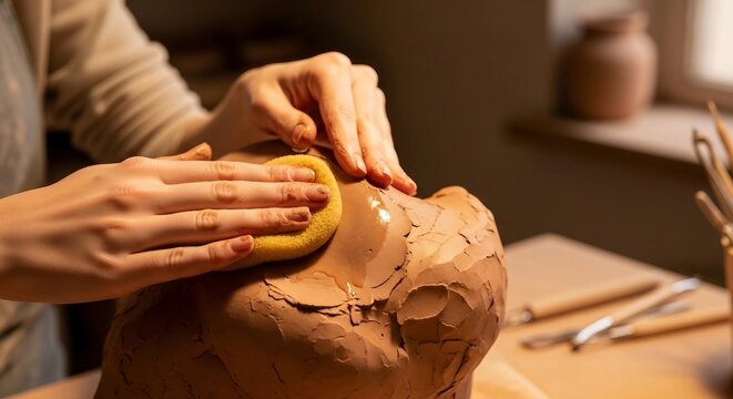 Clay Sculpting: Artist Smoothing a Pottery Mask with a Sponge | Close-Up of Ceramic Art Creation for Crafts, Tutorials, and Artistic Endeavors - Powered by Adobe