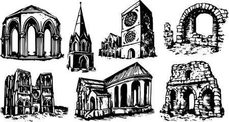 Line drawing of vintage buildings showcasing architectural styles. This set features historical structures in vector illustration with detailed outlines.