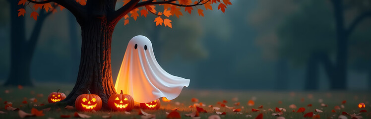 gentle beaming ghost flowing white sheet emerges behind bare autumnal tree illuminated warm glow