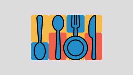 Fototapeta premium Illustrated place setting with blue utensils on yellow and orange squares against a light gray background