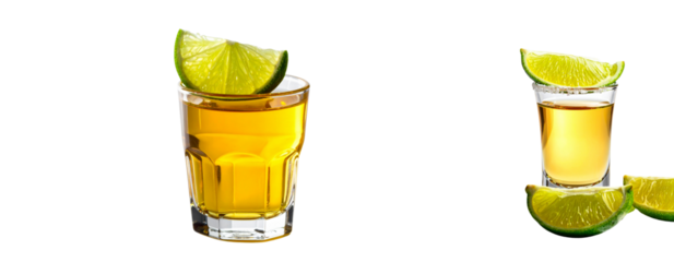 Set Stylized Tequila Shot with Citrus Garnish PNG Isolated on White Background