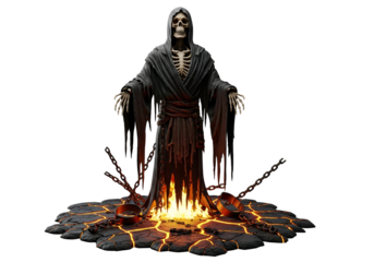 A skeletal figure, draped in a dark robe, stands over a fiery, rocky base, radiating an aura of grim judgment.