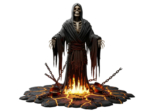 A skeletal figure, draped in a dark robe, stands over a fiery, rocky base, radiating an aura of grim judgment.