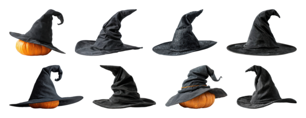 Witch hats on pumpkins creatively.