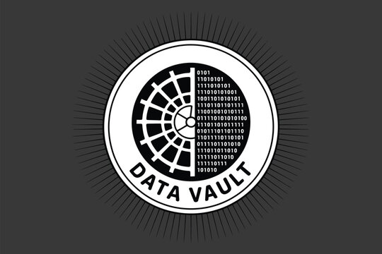 A stylized data vault logo with binary code and radiating lines on a gray background design element