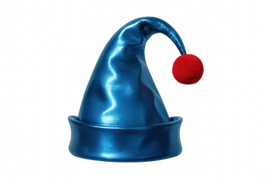 Blue christmas hat with red pompom floating on transparent background