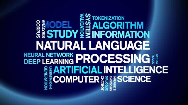 Natural Language Processing animated word cloud-text design animation tag kinetic typography seamless loop.
