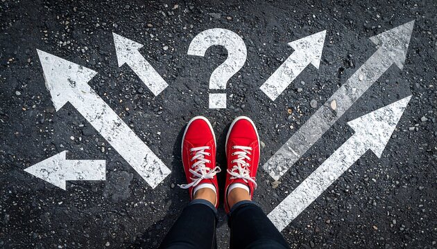 Navigating decisions: Feet at crossroads with question mark and directions