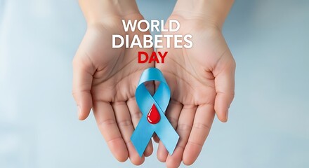 Close up of hands holding blue ribbon with blood drop for world diabetes day on white background
