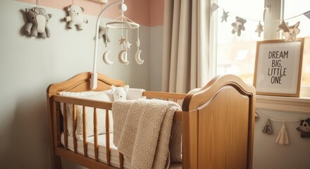 Cozy nursery with wooden crib, moon mobile, and "Dream Big" print near window