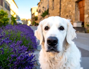 White dog in a lavender-filled village street