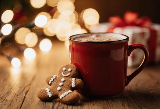 Festive gingerbread cookie with hot cocoa and gift in holiday setting