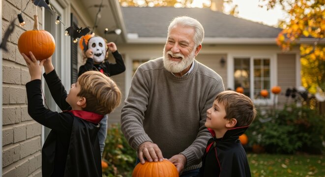 Senior man and boy decorating outdoor home with pumpkin for Halloween. Multi-generational family preparing for autumn holidays celebration.