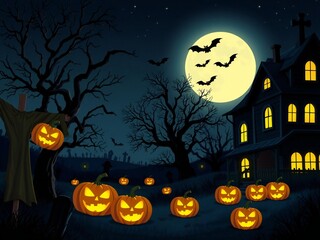 Fototapeta premium Spooky halloween night with glowing jack o lanterns and haunted house under a full moon