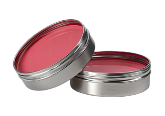 Two round, metal tins of pink lip balm