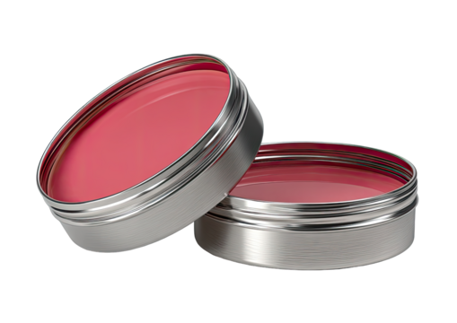 Two round, metal tins of pink lip balm