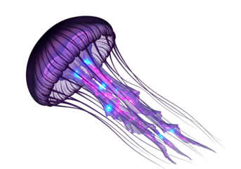 A vibrant, glowing jellyfish against a black backdrop displays intricate details of its translucent form.