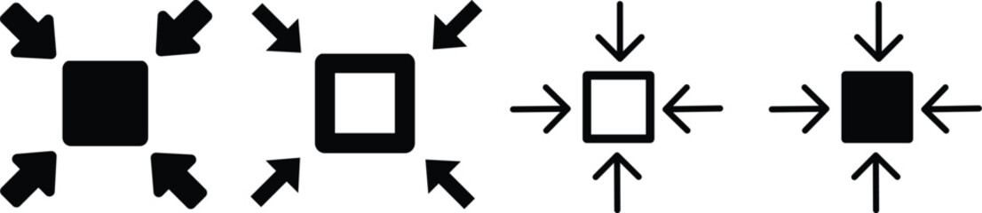 Minimize icon.Minimize icon rally compact size small scale arrows icons . shrink icon resize in arrows.minimize icon four 4 arrows icon meeting point.Minimize Icon with reflection on white background.
