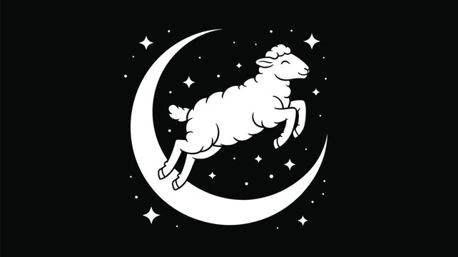 A stylized illustration of a white sheep jumping over a crescent moon surrounded by stars on black