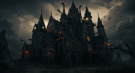 Spooky gothic castle under a stormy night sky with lightning and flying bats. Dark fantasy architecture for a Halloween horror concept.