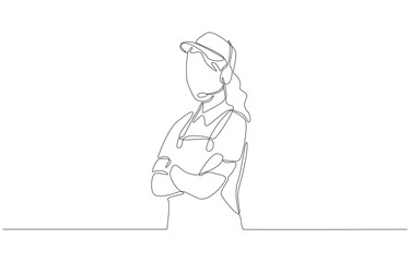 Continuous one line drawing of fast food worker wearing headset and cap with arms crossed, symbolizing confidence, readiness, and frontline service roles, single line art.