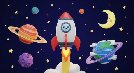 Fototapeta premium Cartoon rocket ship launching into space with planets moons and stars in a whimsical galaxy spaceship