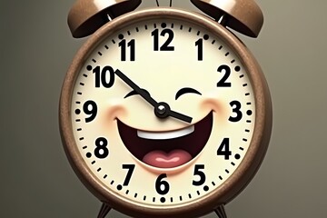 A clock with a laughing cartoon face in place of numbers.
