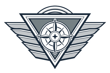 Stylized Winged Triangle Emblem with Compass Rose and Grey Tones badge symbol