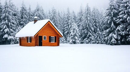 Cozy Wooden Cabin in Snowy Winter Landscape with Evergreen Trees