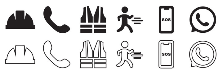 Emergency safety and communication icon . Collection of safety and emergency icons including hard hat, phone, vest, running figure, SOS phone, and WhatsApp communication symbols. vector illustration
