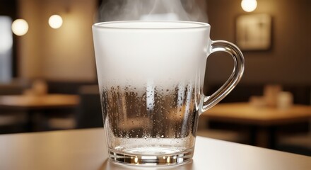Steaming Glass Mug with Condensation in Cafe Setting, Warm Lighting