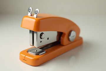 A stapler with a silly grin on its top cover.

