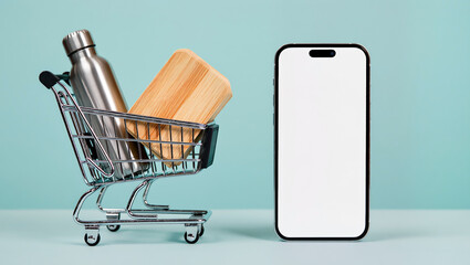 Eco cart with metal bottle and bamboo lunchbox beside smartphone display, creative mockup for digital sales, online promotion and sustainable commerce.