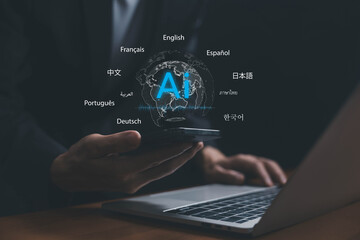 Artificial intelligence translation technology showing multiple world languages on smartphone and laptop, symbolizing global communication, multilingual support, digital business, and AI innovation.