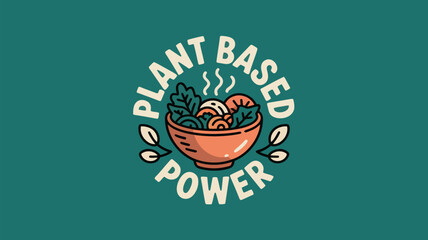 Fototapeta premium A plant based power logo with a bowl of steaming vegetables and leaves on a teal background design