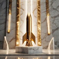 Golden 3D rocket placed on white marble pedestal with dramatic spotlight, futuristic luxury background, no people,Generative Ai
