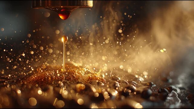 Brewed Bliss: a close-up shot capturing the moment hot espresso flows from machine into a cup. The golden liquid creates captivating visuals with its texture, droplets, and rich aroma.