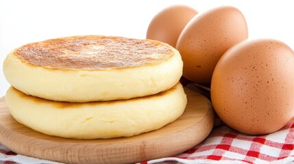 Freshly Made Cheese Pancakes with Eggs on a Wooden Board