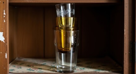 Stacked Glasses Inside a Wooden Cabinet with Floral Patterned Shelf