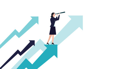 上昇矢印の上で望遠鏡を使って未来の目標を見据えるビジネスウーマン（白）　A businesswoman using a telescope to look toward future goals (white)