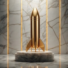 Golden 3D rocket placed on white marble pedestal with dramatic spotlight, futuristic luxury background, no people,Generative Ai
