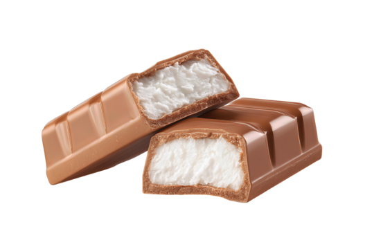 Milk-chocolate coconut bar with satin shell, diagonal cut revealing white cream center, isolated on transparent background.
