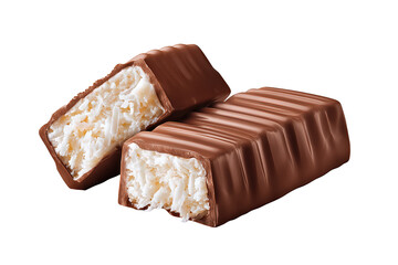 Milk-chocolate coconut bar with satin shell, diagonal cut revealing white cream center, isolated on transparent background.
