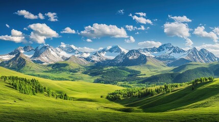 Fototapeta premium A landscape view of green hills and mountains under a blue sky with white clouds in the background