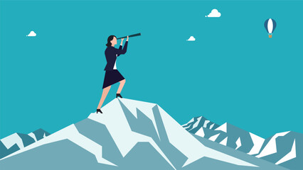 山頂に立ち望遠鏡を使って未来を見据えるビジネスウーマン　A businesswoman gazing into the future through a telescope atop a mountain peak