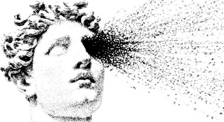 Statue head in black and white, featuring an abstract design with dots. This vector illustration explores concepts of expression and visualization.